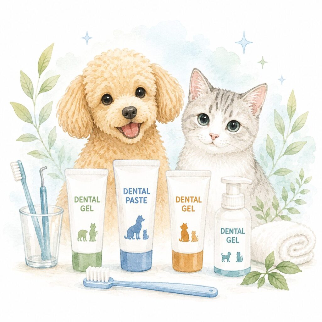 犬と猫のデンタルケア用品（デンタルジェル・デンタルペースト・歯ブラシ）のイラスト