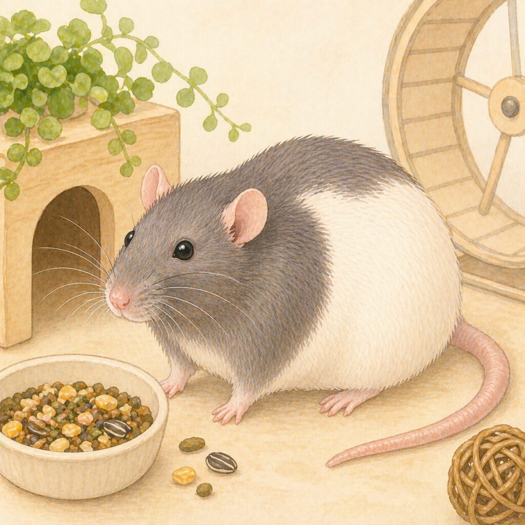 ややふっくらしたファンシーラットとフード（肥満と食事管理のイメージ）