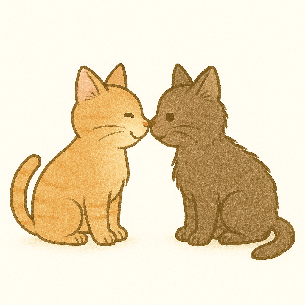 鼻をくっつけてあいさつをする2匹の猫（親しげな接触による疥癬の感染経路の一例）」