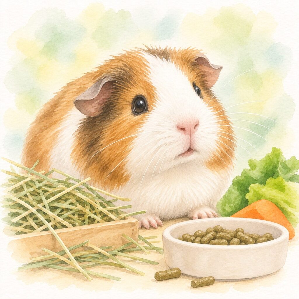 牧草とペレット、野菜を前にして座っているモルモットのイラスト|モルモットの食欲不振や食事量の変化を確認するイメージ