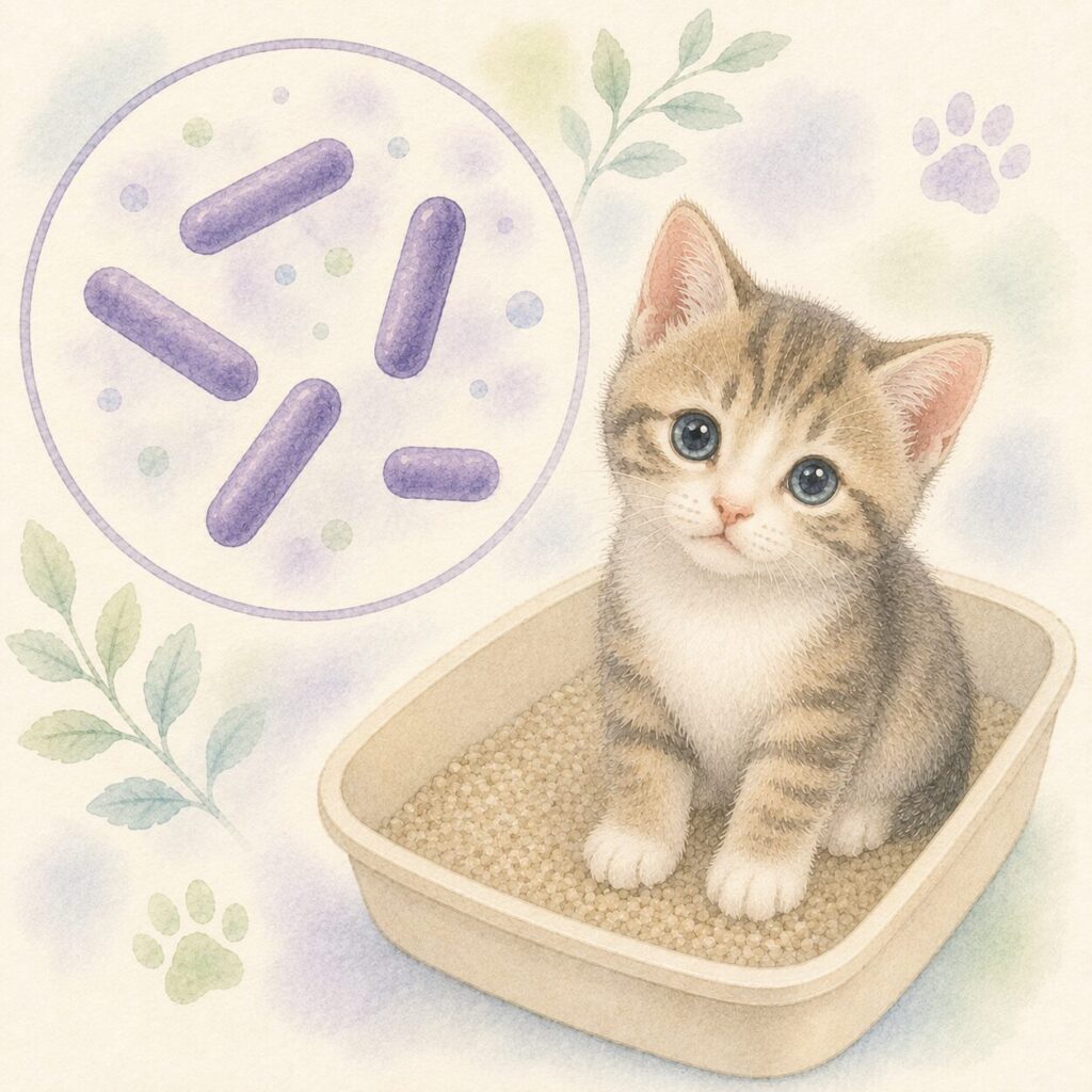 トイレに座る子ねこちゃんとクロストリジウム菌をイメージしたイラスト｜猫のクロストリジウム感染症をイメージ