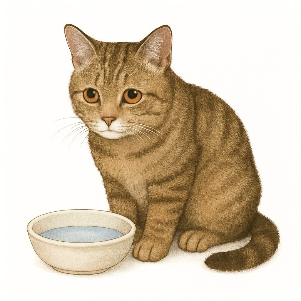 水分摂取をせず、お水のボウルの前でじっとしている猫