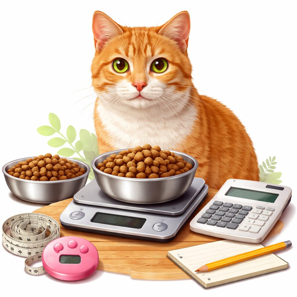 成猫のフード量を計量するためにキッチンスケールとフードボウル、電卓が並び、後ろに座る猫のイラスト