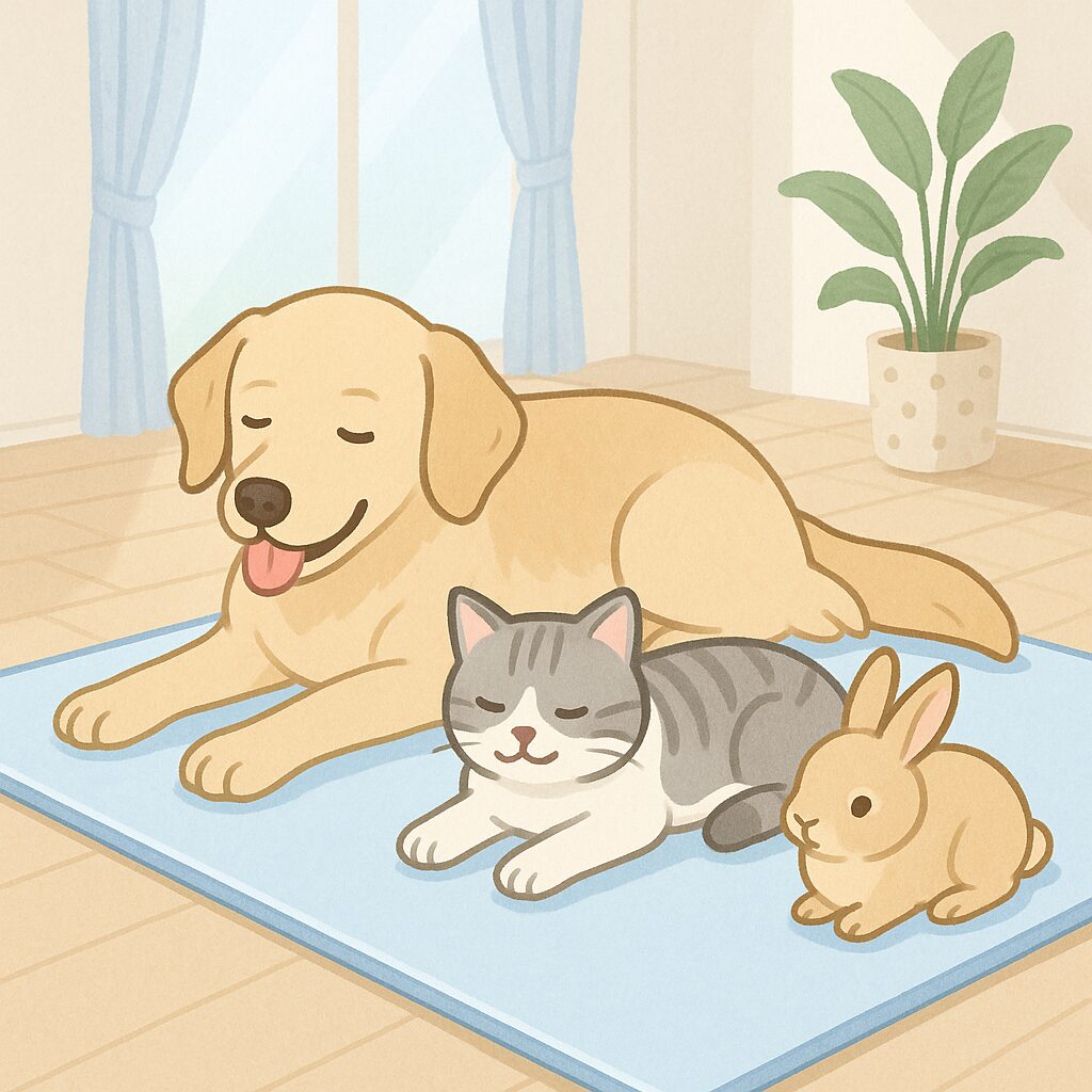 涼しい室内でアルミマットの上に寝そべり、リラックスする犬・猫・うさぎ