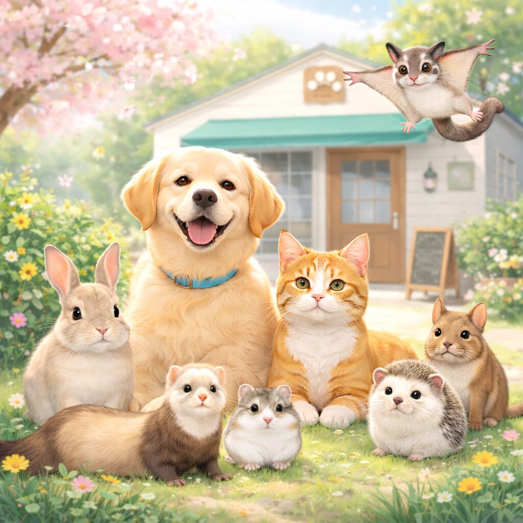 動物病院の前に集まる犬猫や小動物たちのやわらかいイラスト