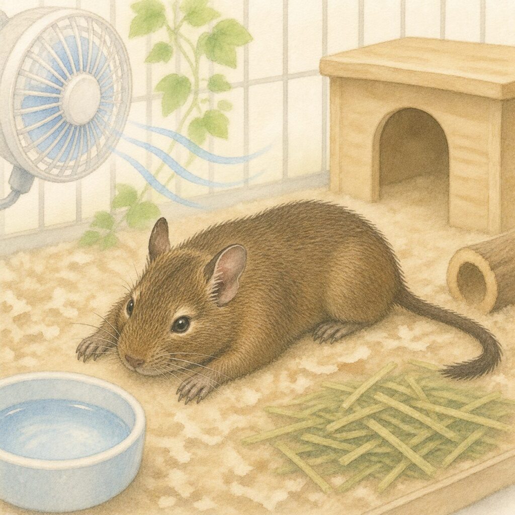暑さでぐったりしているデグーと木製ハウス、冷却プレート、水入れを描いたイラスト｜デグーの熱中症をイメージ