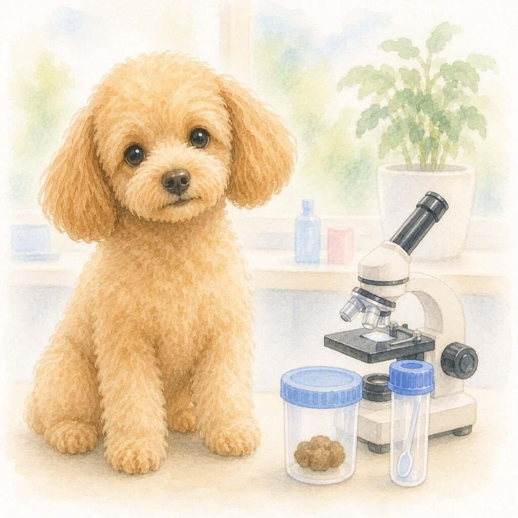 顕微鏡と採取した便、わんちゃんを描いたイラスト｜犬の便検査をイメージ