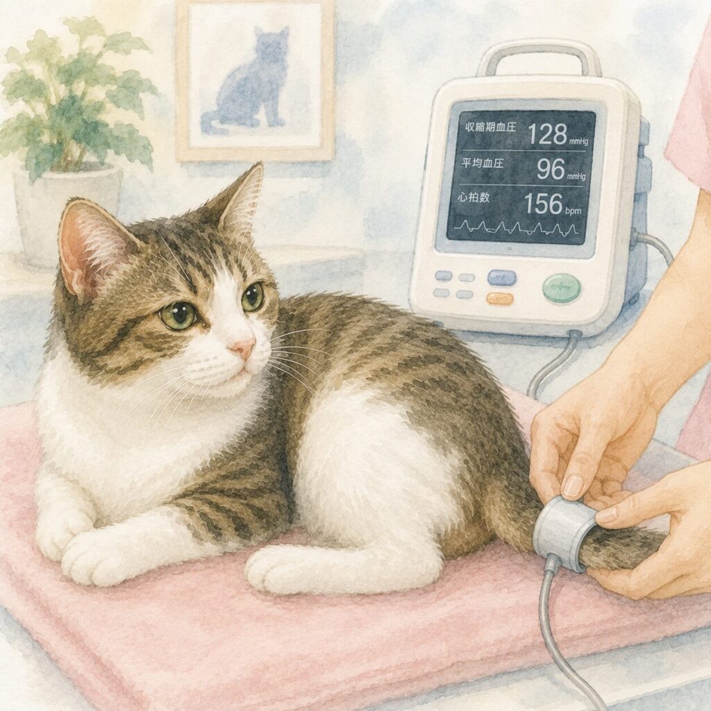 猫のしっぽにカフを巻いて血圧測定をしている様子｜猫の血圧測定のイメージ