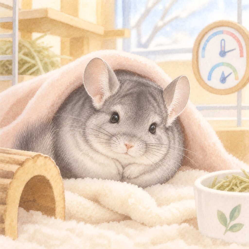 毛布で保温するチンチラのイラスト｜チンチラの低体温症をイメージ