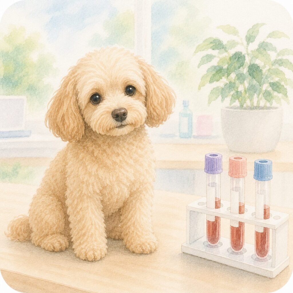 採血管の横に座る犬を描いた優しい水彩イラスト｜犬の血液検査をイメージ