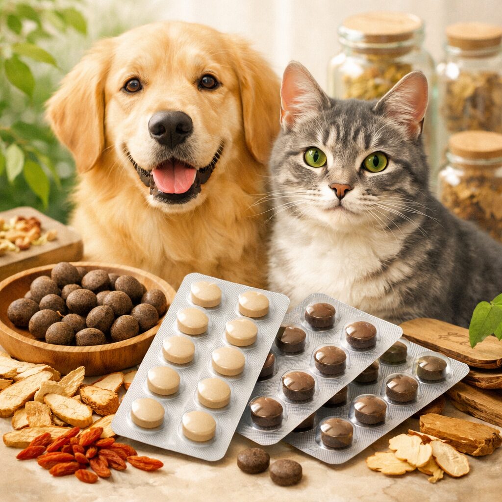 犬と猫が並んで座り、その前に丸い錠剤タイプのペット用漢方と生薬素材が置かれているイメージ写真。イスクラペット漢方シリーズの紹介を想定したアイキャッチ画像。