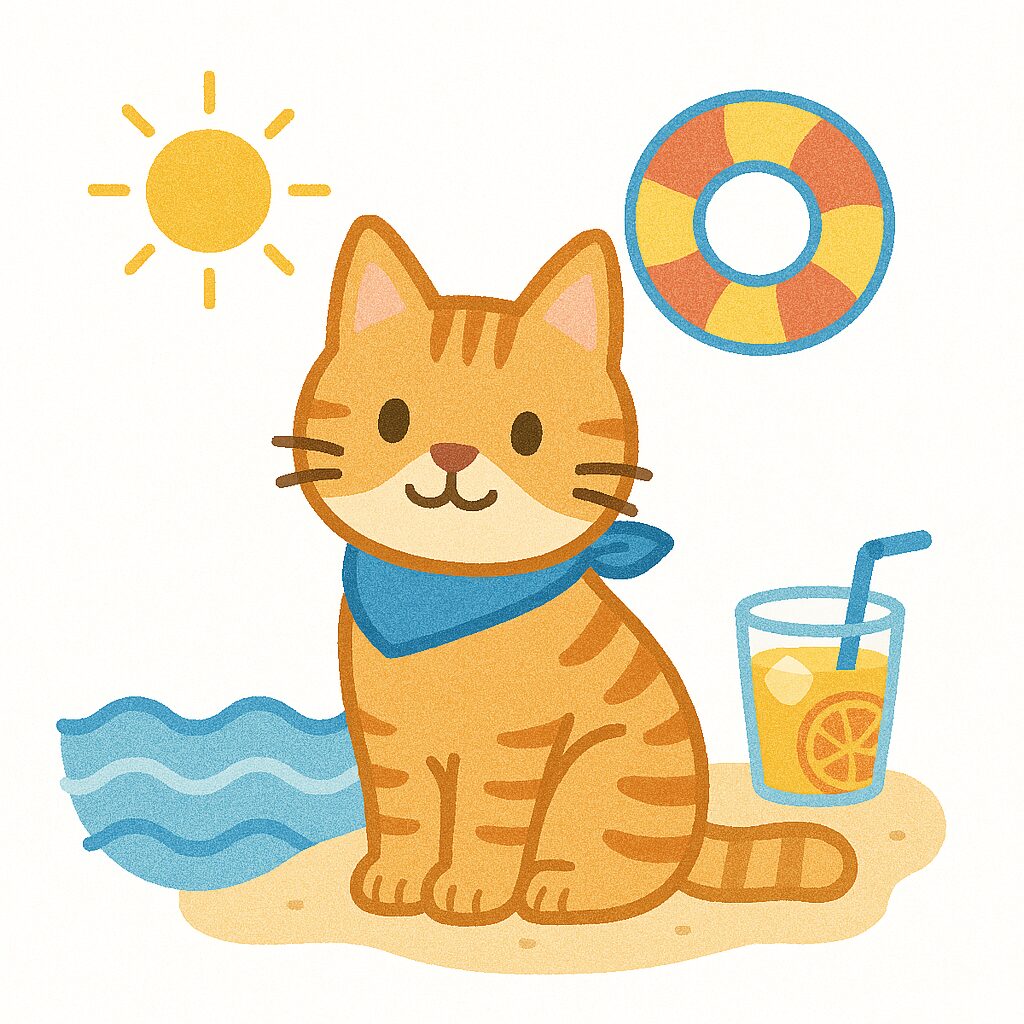 夏をテーマにしたねこちゃんのイラスト(猫専用診療時間のお知らせイメージ)