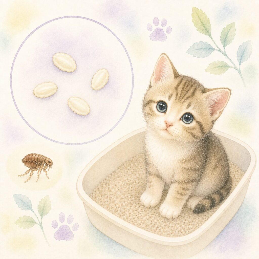 おしりに米粒状の条虫片節が付いた子ねこの水彩画風イラスト｜猫の条虫感染症をイメージ
