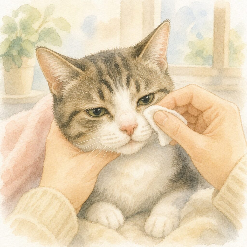 目やにが出ている猫の目元をやさしく拭いてケアする水彩風イラスト｜猫の目やにのイメージ