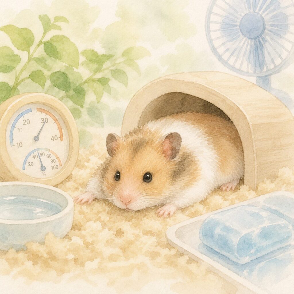 暑さでぐったりしているハムスターと温湿度計、水入れのイラスト｜ハムスターの熱中症をイメージ