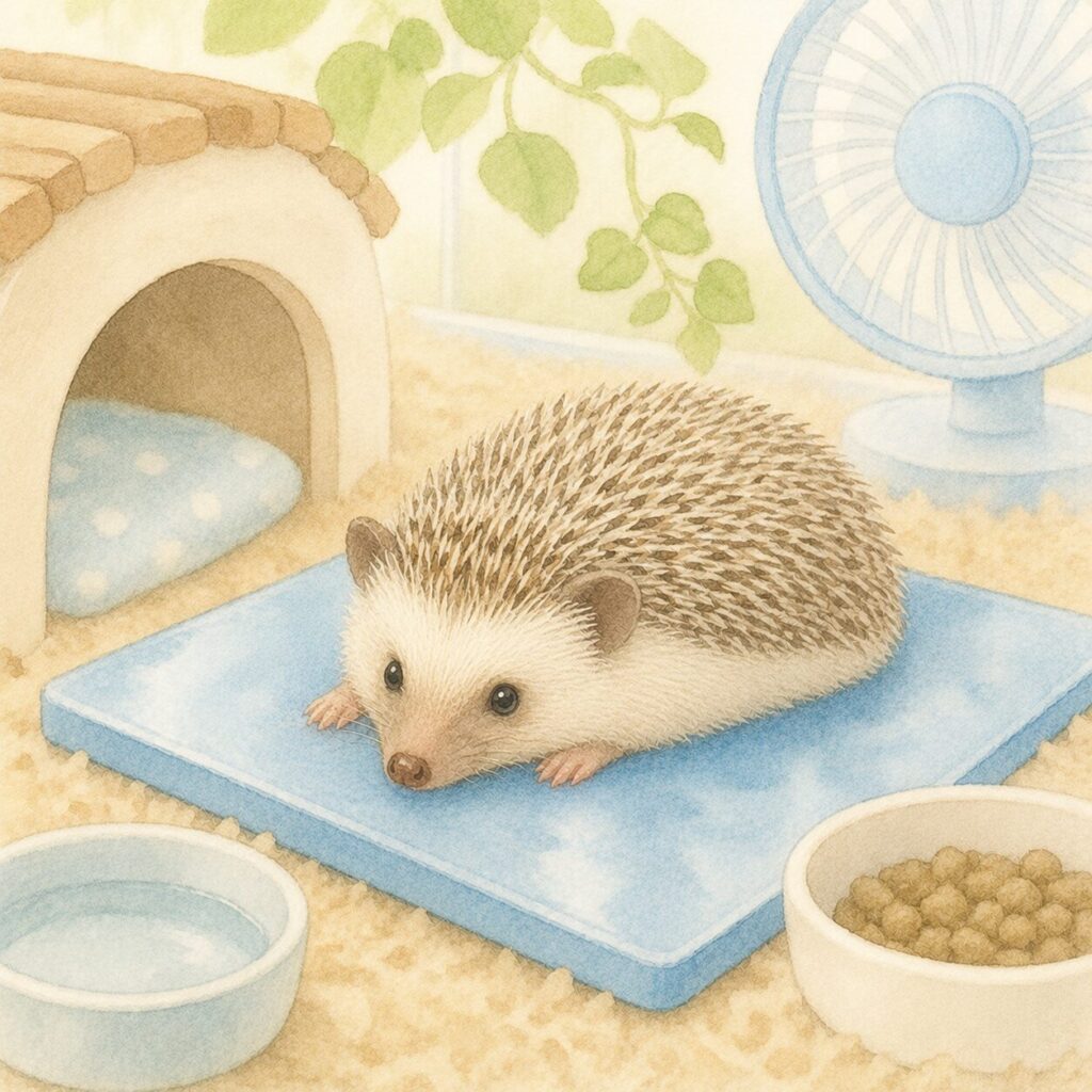 暑さでぐったりしているハリネズミと木製ハウス、水入れ、フード皿、冷却プレートを描いたイラスト|ハリネズミの熱中症をイメージ