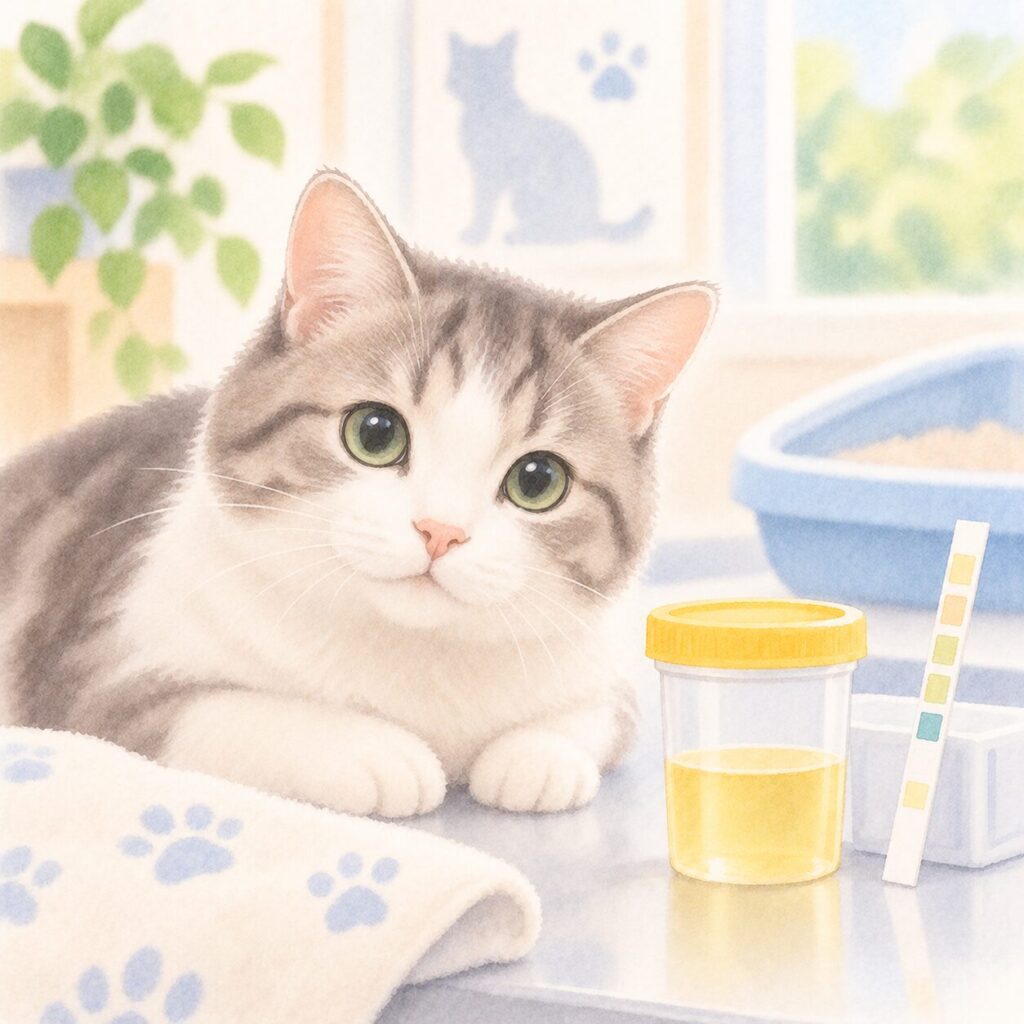 猫の尿検査UPC検査（尿たんぱくクレアチニン比）のイラスト｜UPC検査をイメージ