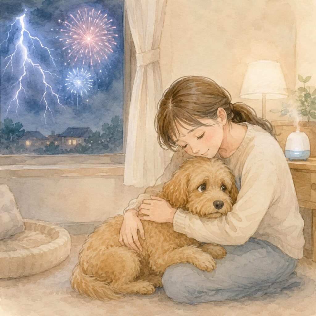 雷や花火による不安を抱える犬とアダプティルによる環境ケアのイメージ