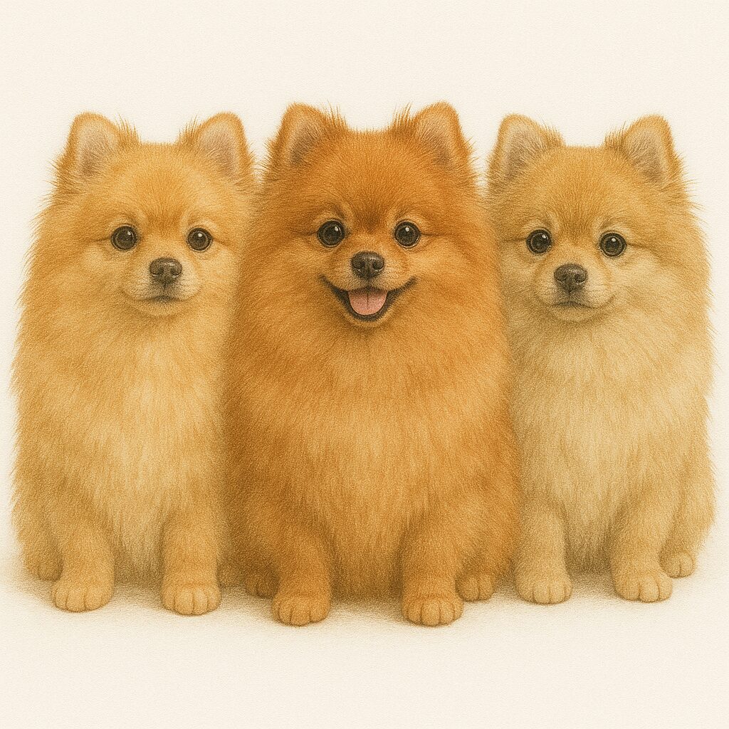 ポメラニアンが3頭並んで座っているイラスト