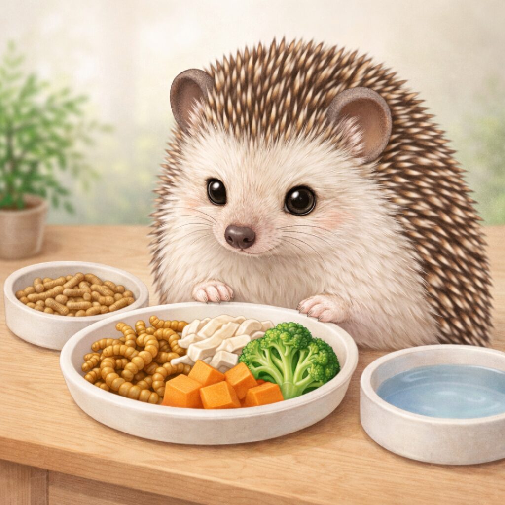 ハリネズミの食事例(ペレット・ミルワーム・鶏肉・野菜と水皿)