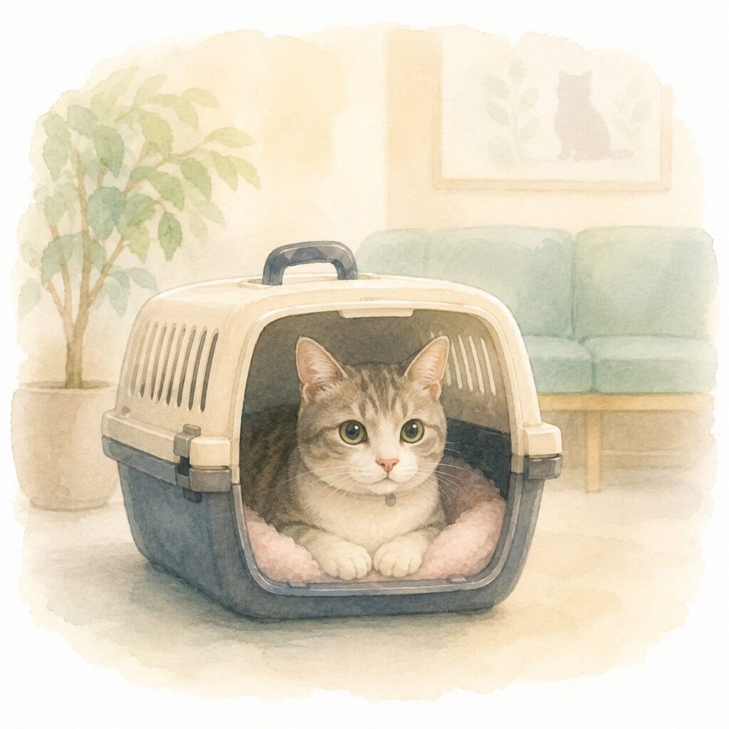 キャリーの中で落ち着いて過ごしている猫（猫専用診療をイメージした様子）