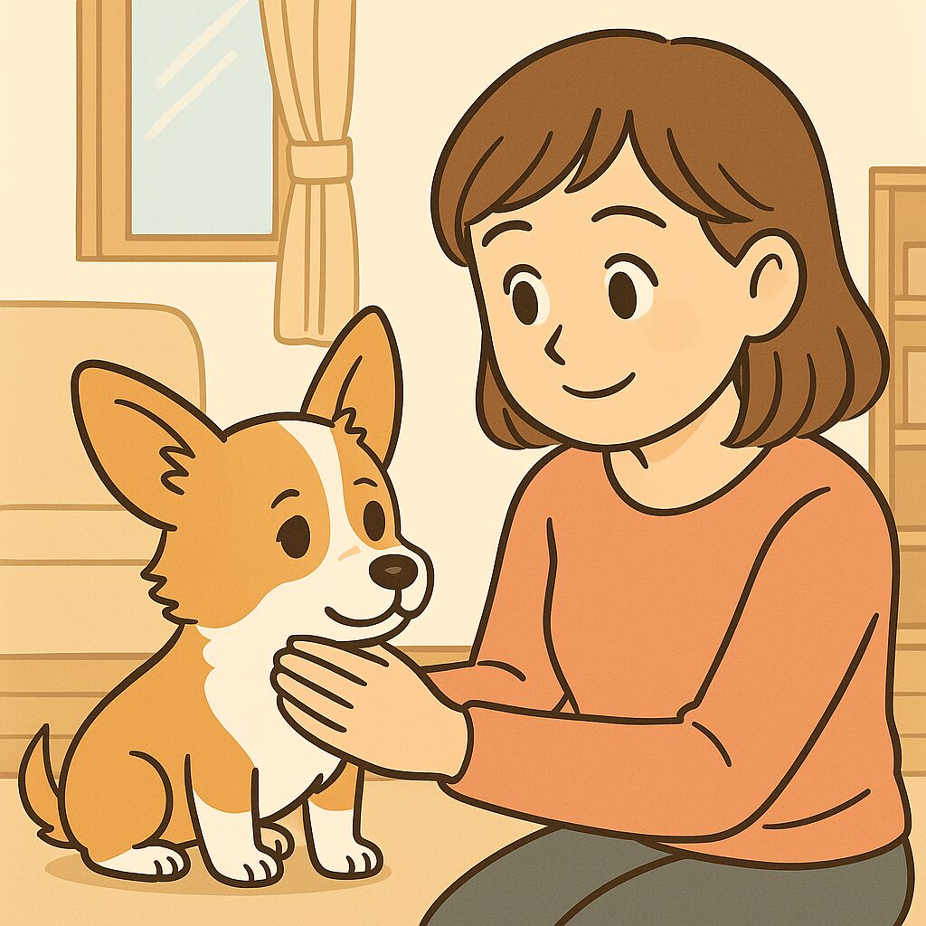 逆くしゃみが起きた犬を落ち着かせようとしている飼い主（安心感のある対応）