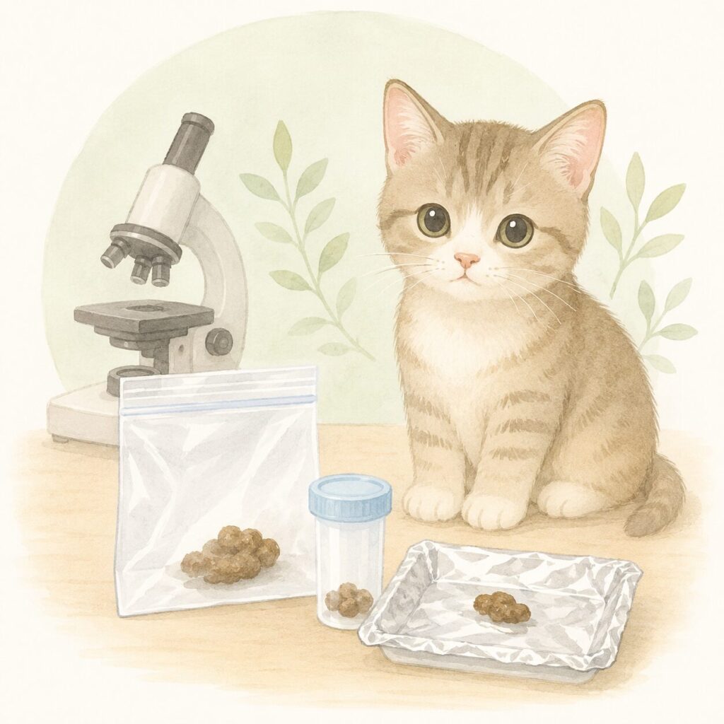 顕微鏡と採取した便、子ねこちゃんを描いたイラスト｜猫の便検査をイメージ