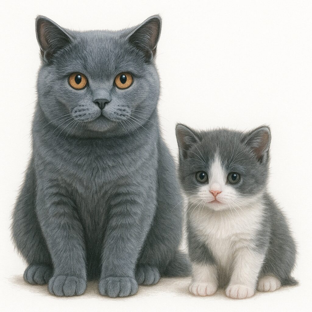 ブリティッシュショートヘアの成猫と子猫が並んで座っているイラスト