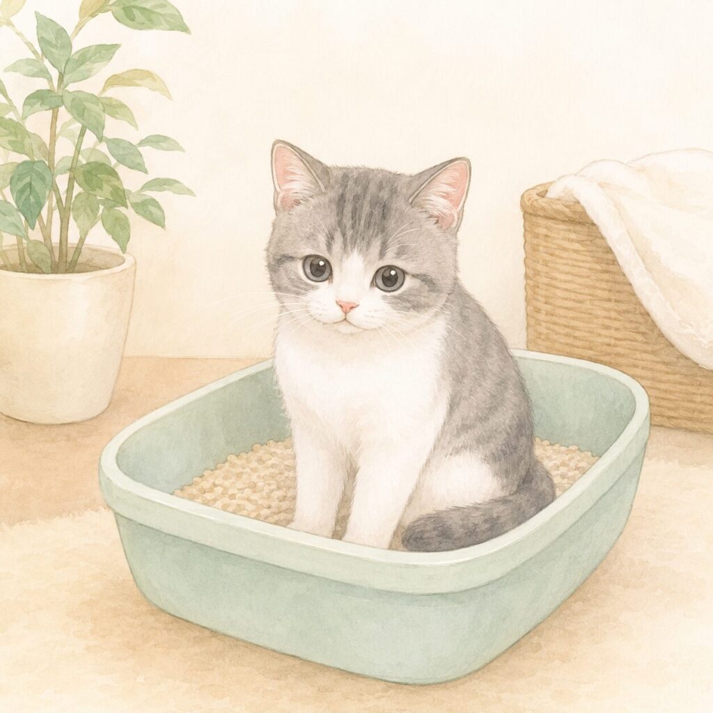 軟便でトイレに座る子ねこちゃんを描いたイラスト|猫の軟便をイメー