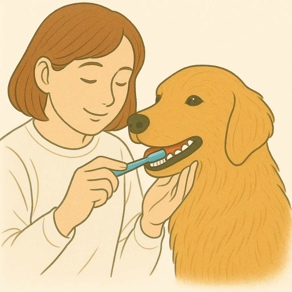 飼い主が犬の歯を丁寧にみがいている様子（歯周病予防のための歯みがき）