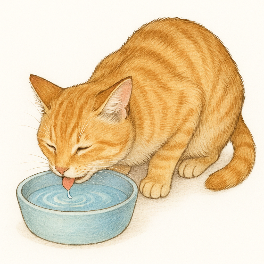 青い器からおいしそうに水を飲んでいる茶トラ猫（水分補給をしている様子）