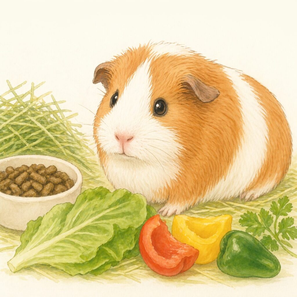 牧草や野菜と一緒にいるモルモット（ビタミンCを含む食事管理のイメージ）