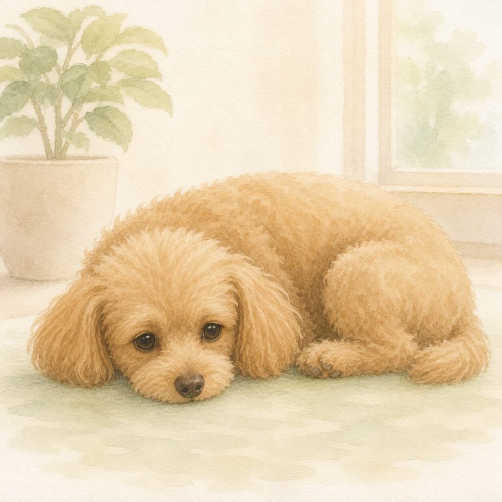 お腹の不調でぐったりしている犬の水彩画風イラスト｜犬の下痢をイメージ