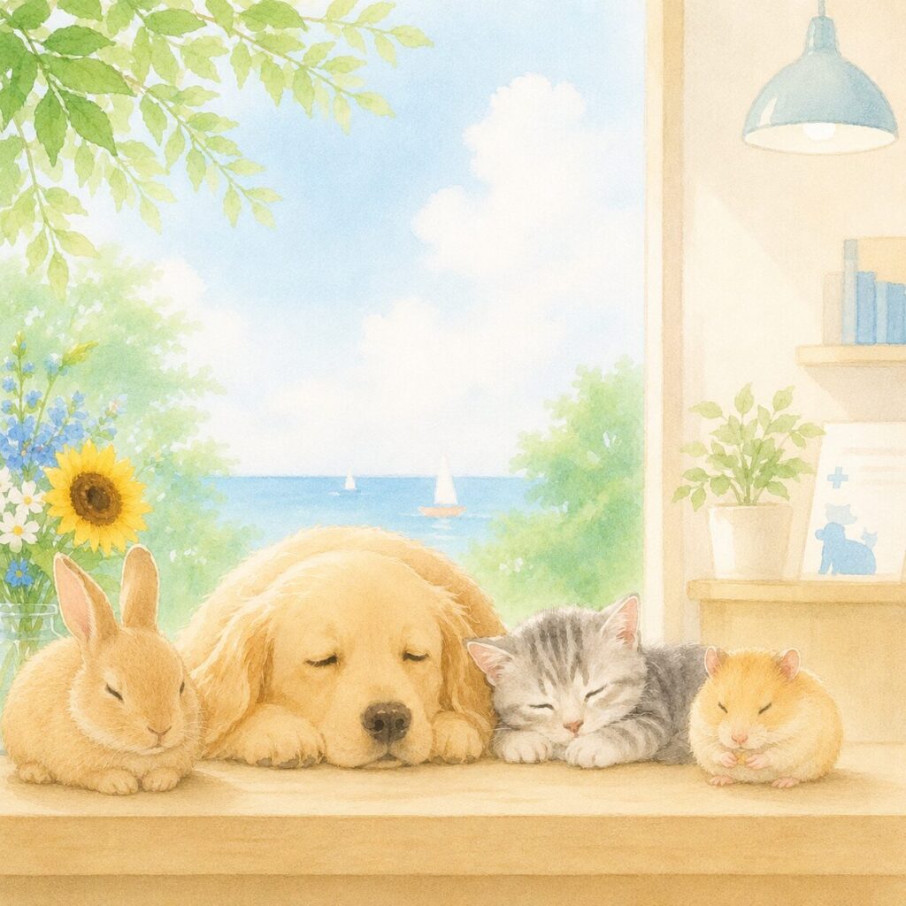 夏らしい窓辺で、うさぎ・わんちゃん・ねこちゃん・ハムスターが並んで眠っている優しいタッチのイラスト