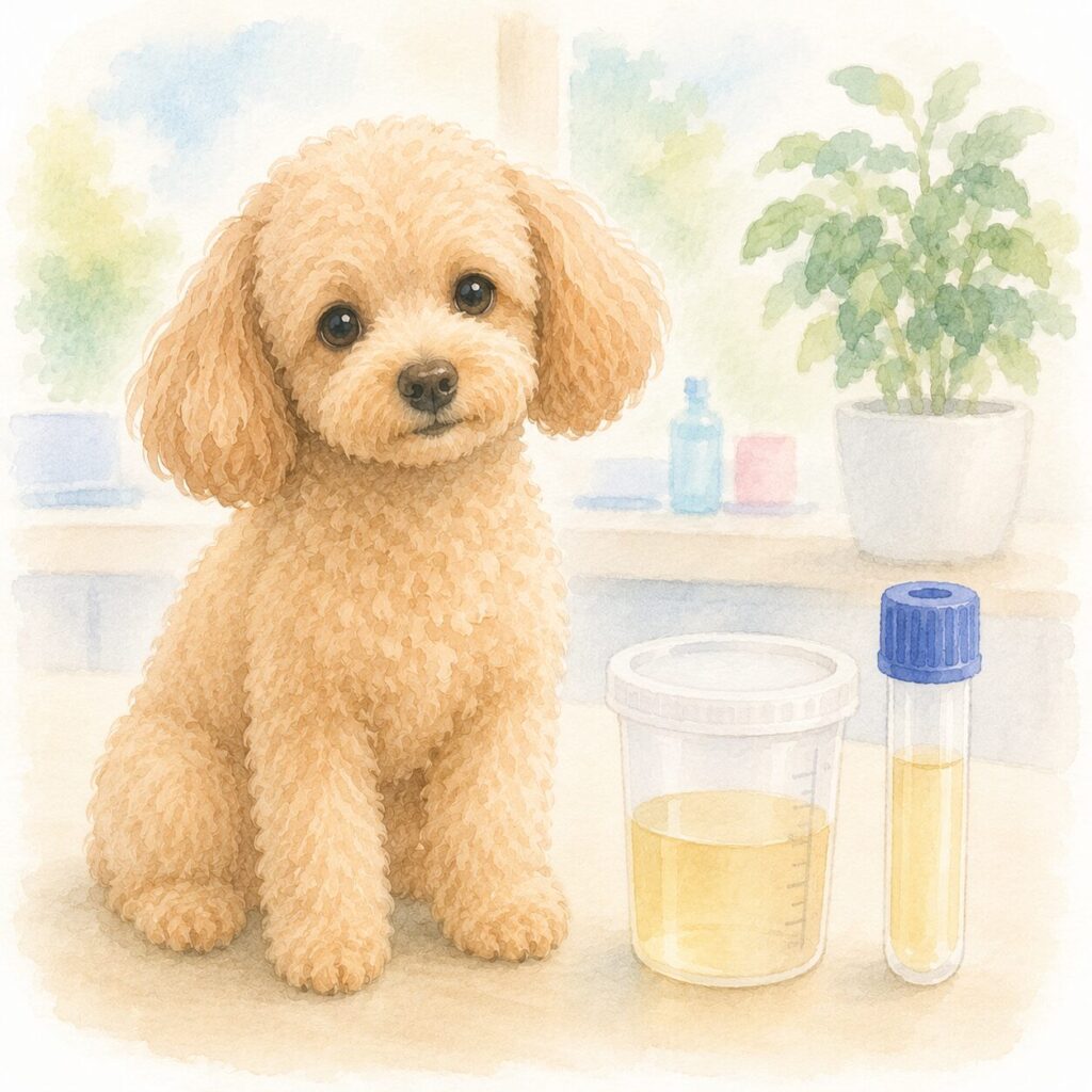 採尿用カップと尿検査容器の横に座る犬を描いた水彩風イラスト|犬の尿検査をイメージ