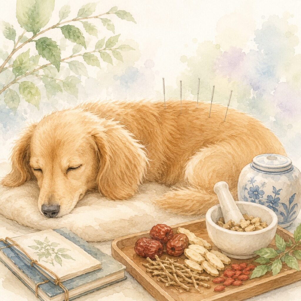 鍼治療と漢方を取り入れながらリラックスして横になるダックスフンドの水彩イラスト（犬の椎間板ヘルニアの東洋医学的ケアをイメージ）