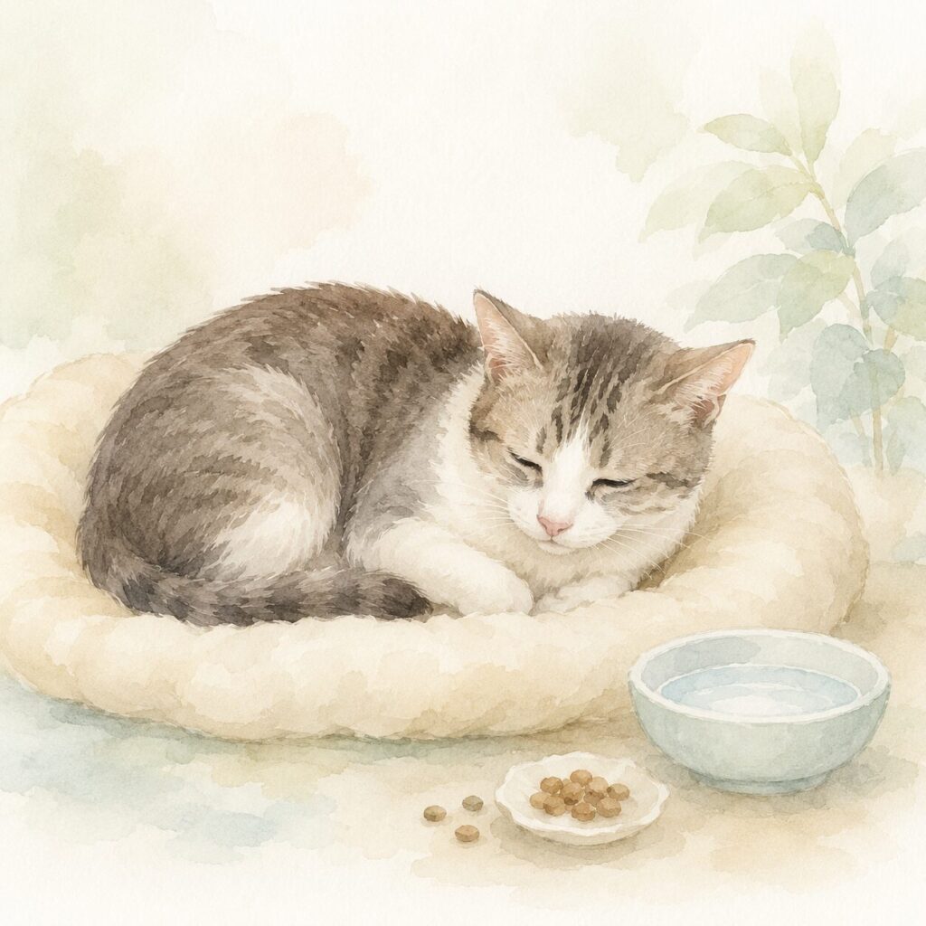 下痢で体調が優れずベッドで休んでいる猫のイラスト｜猫の下痢をイメージ