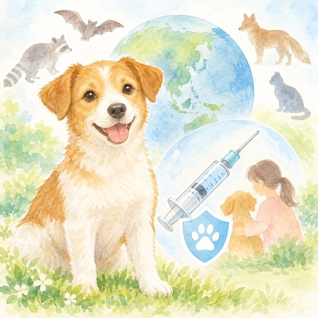 犬と地球や注射器、人と動物が描かれているイラスト｜犬の狂犬病ワクチンをイメージ