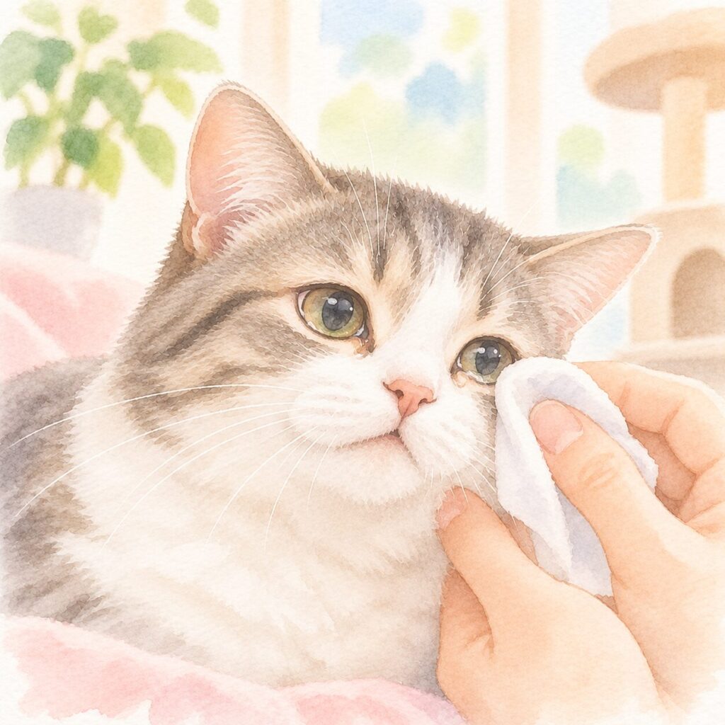 涙目のキジ白猫の目のまわりをガーゼでやさしく拭いているイラスト|猫の涙が多い原因・目の病気・受診の目安をイメージ