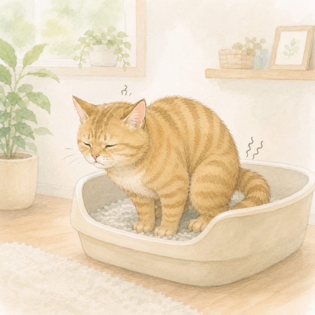 トイレで排便しようといきむ猫を描いたイラスト｜猫の巨大結腸症をイメージ