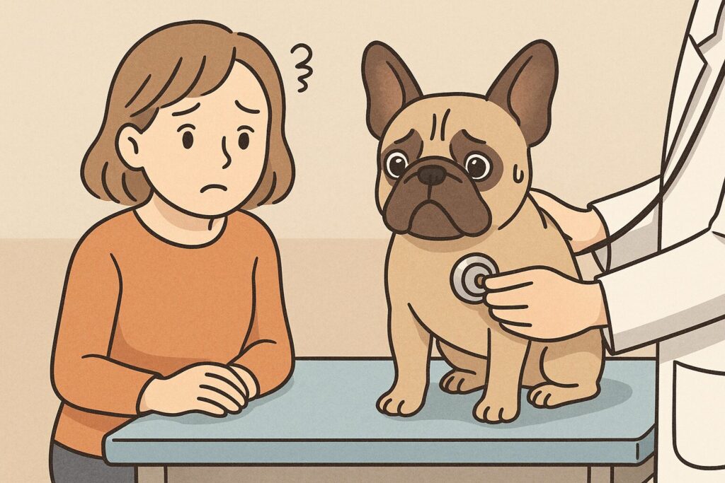喉頭虚脱の疑いで動物病院を受診し、検査を受ける犬と飼い主