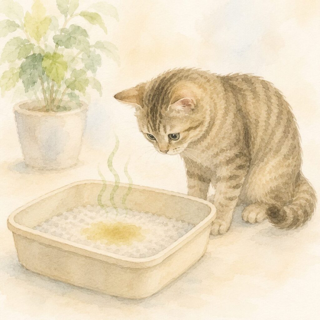 トイレのおしっこの臭いを気にする猫｜猫のおしっこが臭うイメージ