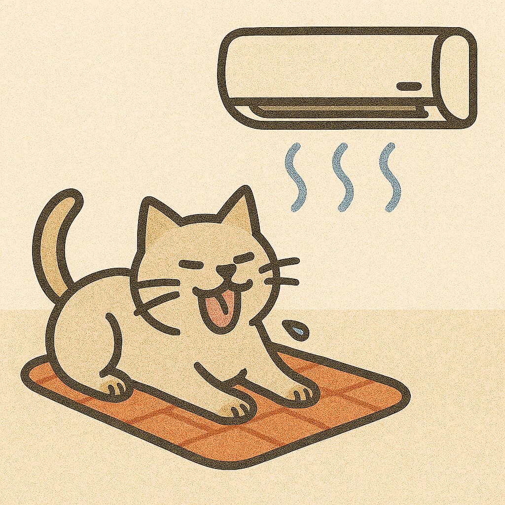 冷房の効いた室内で、オレンジ色のクールマットに横たわる茶トラ猫。口を開けてパンティングしている様子。
