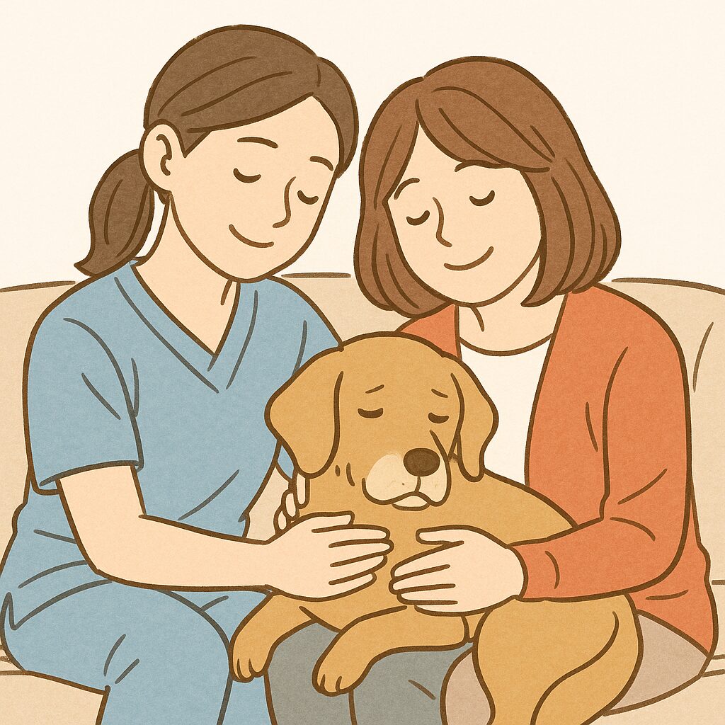 病院スタッフと飼い主が高齢犬を優しく抱き寄せ、温かな雰囲気で寄り添っている様子。
