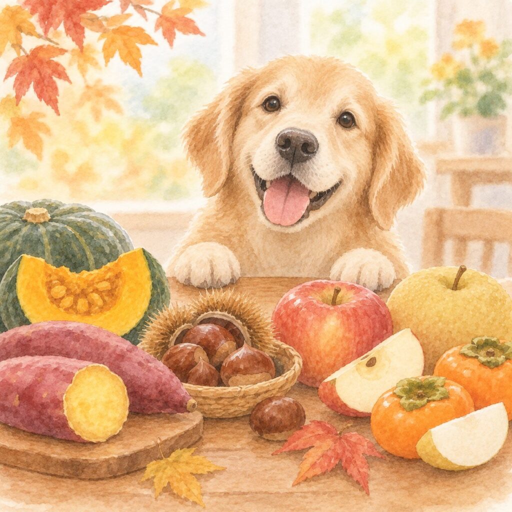 さつまいも・かぼちゃ・栗・梨・りんご・柿のイラスト｜犬が食べてもいい秋の食べ物のイメージ