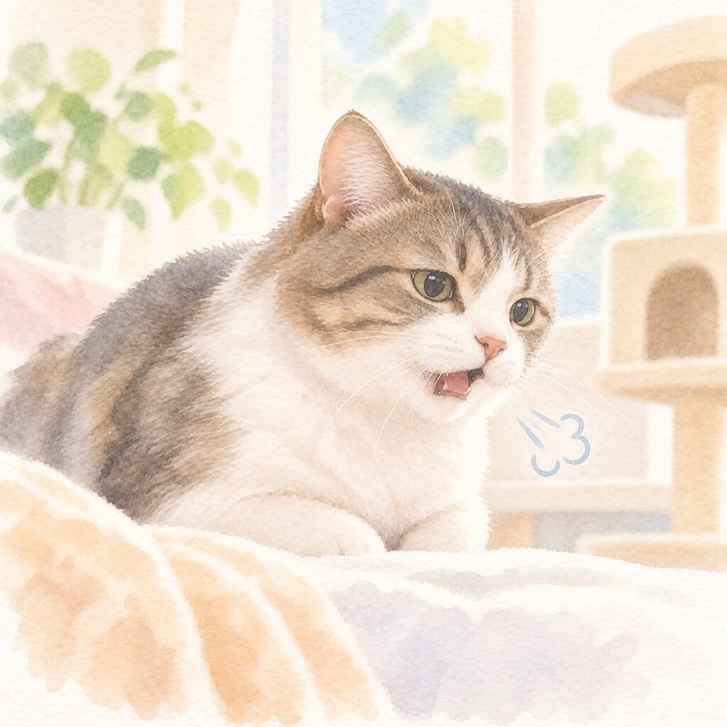 口を開けて咳をしている猫のイラスト|猫喘息の咳や呼吸症状をイメージ