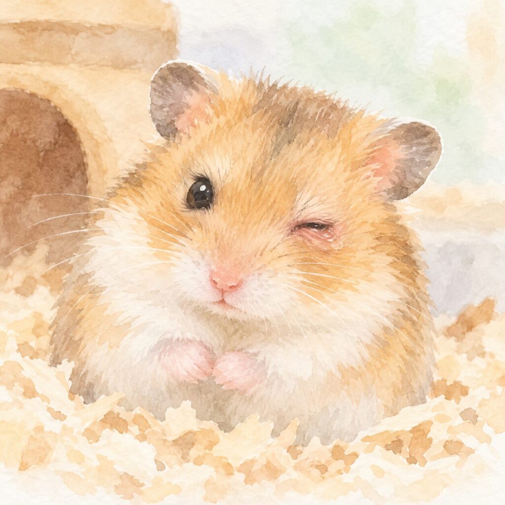 片目を細めているハムスターのイラスト｜目やにや目が開かない症状をイメージ