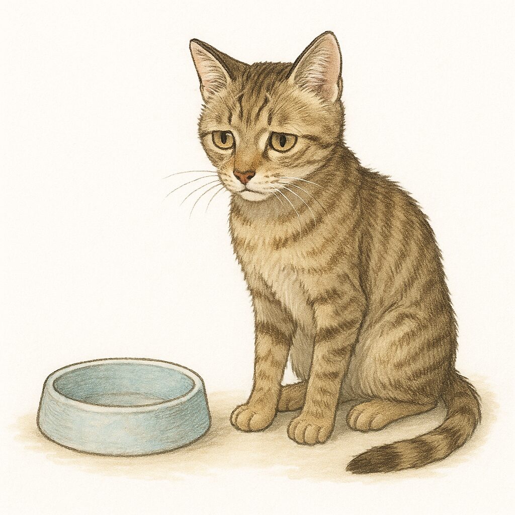 食器の前でうなだれた様子の痩せた猫。猫のリンパ腫による体重減少や脱水状態を示すイメージ。
