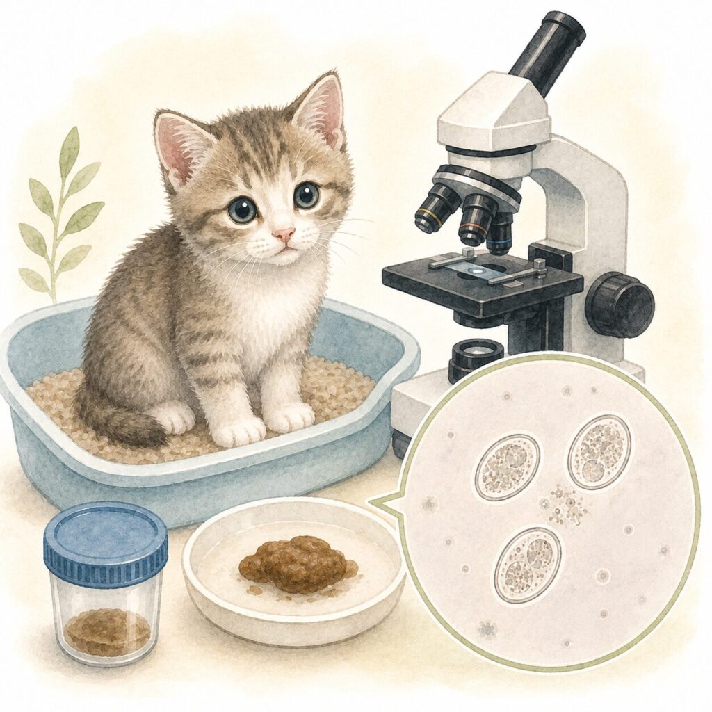 顕微鏡と採取した便、子ねこちゃん、コクシジウムのオーシストを描いたイラスト｜猫のコクシジウム感染症をイメージ