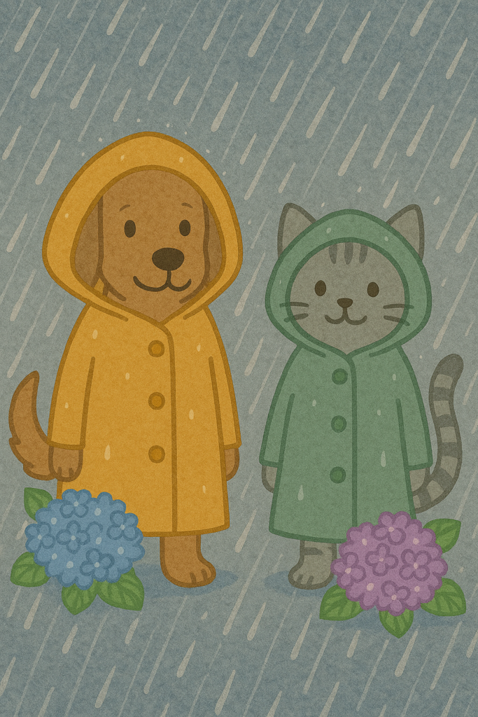 レインコートを着た犬と猫が梅雨の雨の中に立っているイラスト。アジサイと一緒に、湿気の多い長夏の季節感を表している。
